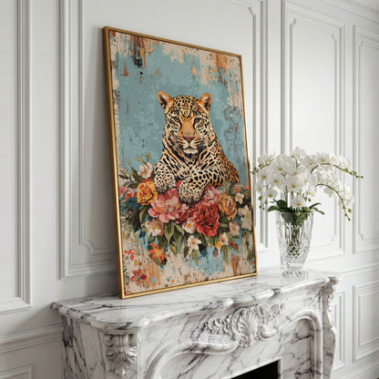 Vibrant Leopard with Floral Accents Canvas Print in yellow gold floating frame