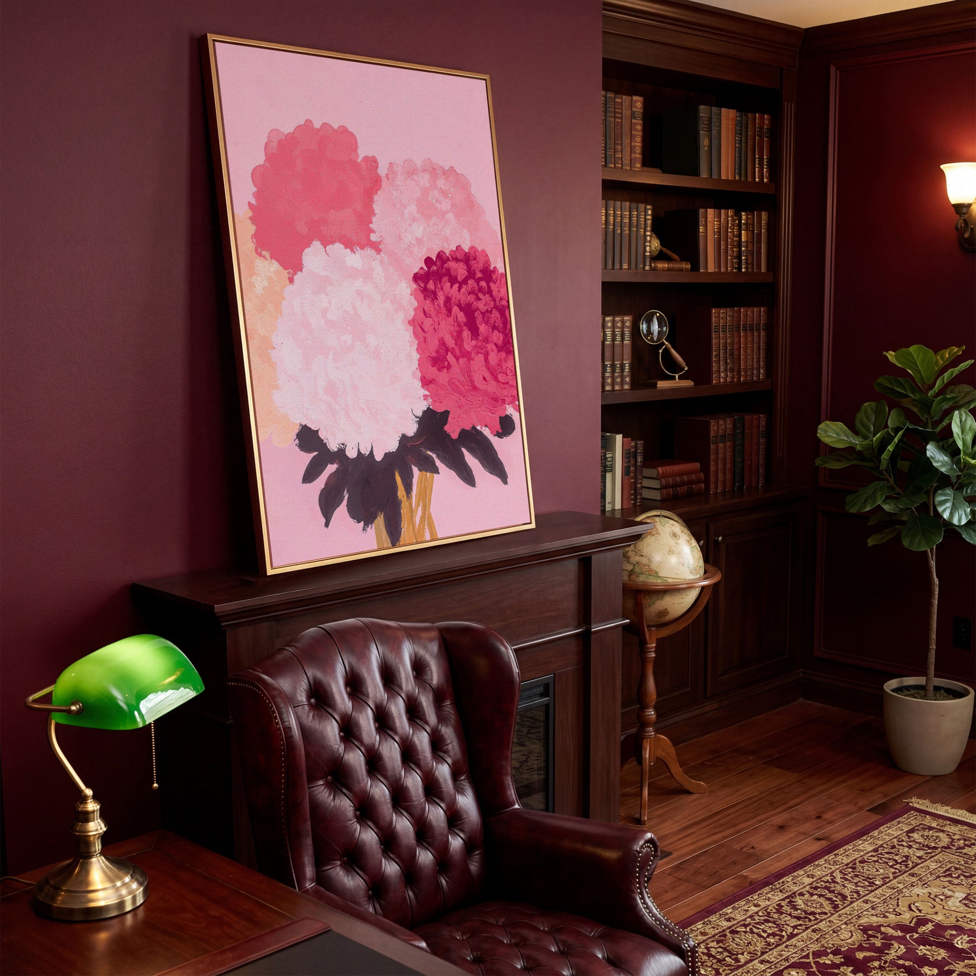 Pink Floral Burst Canvas Wall Art in antique gold floating frame