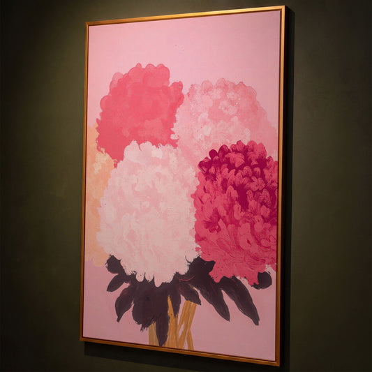 Pink Floral Burst Canvas Wall Art shown in antique gold floating frame