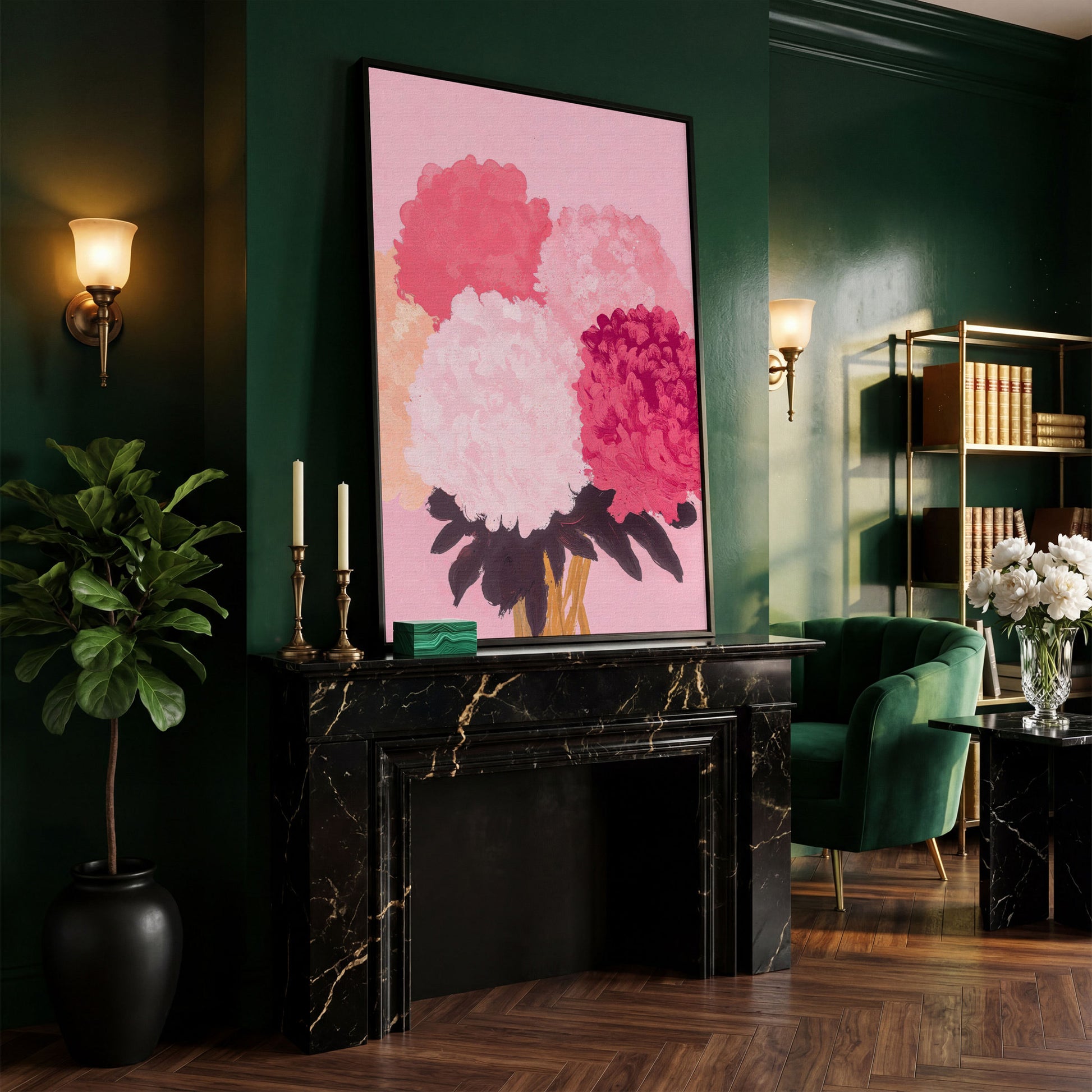 Pink Floral Burst Canvas Wall Art in black floating frame