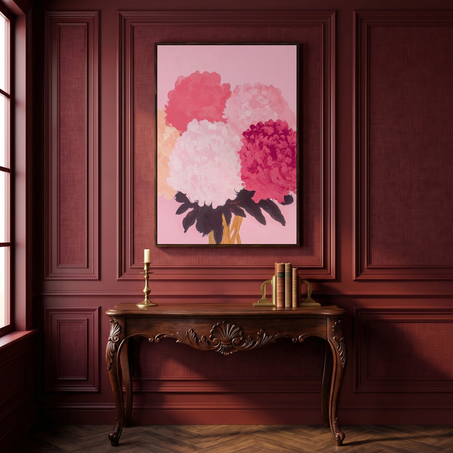 Pink Floral Burst Canvas Wall Art in dark walnut floating frame