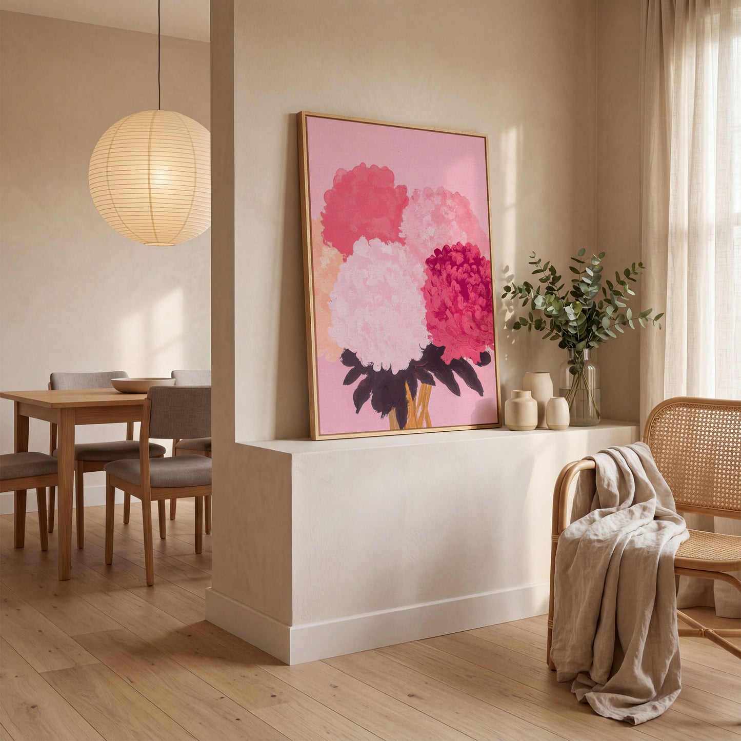 Pink Floral Burst Canvas Wall Art in white oak floating frame