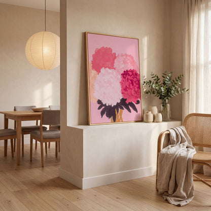 Pink Floral Burst Canvas Wall Art in white oak floating frame