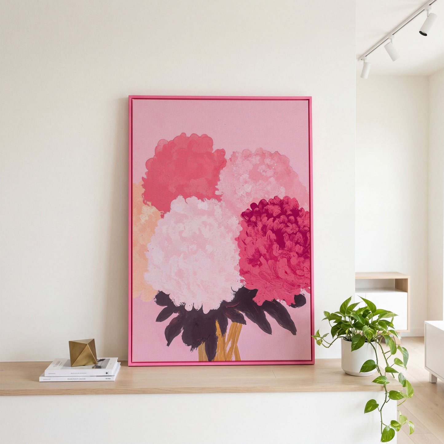 Pink Floral Burst Canvas Wall Art in pink floating frame