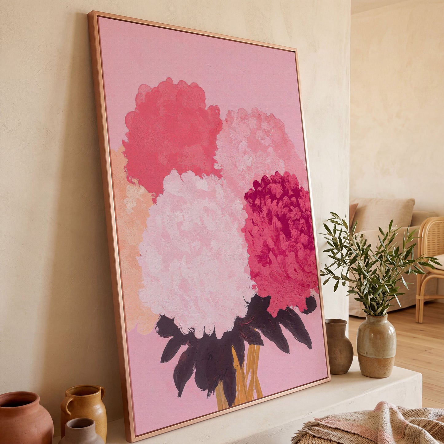 Pink Floral Burst Canvas Wall Art in rose gold floating frame