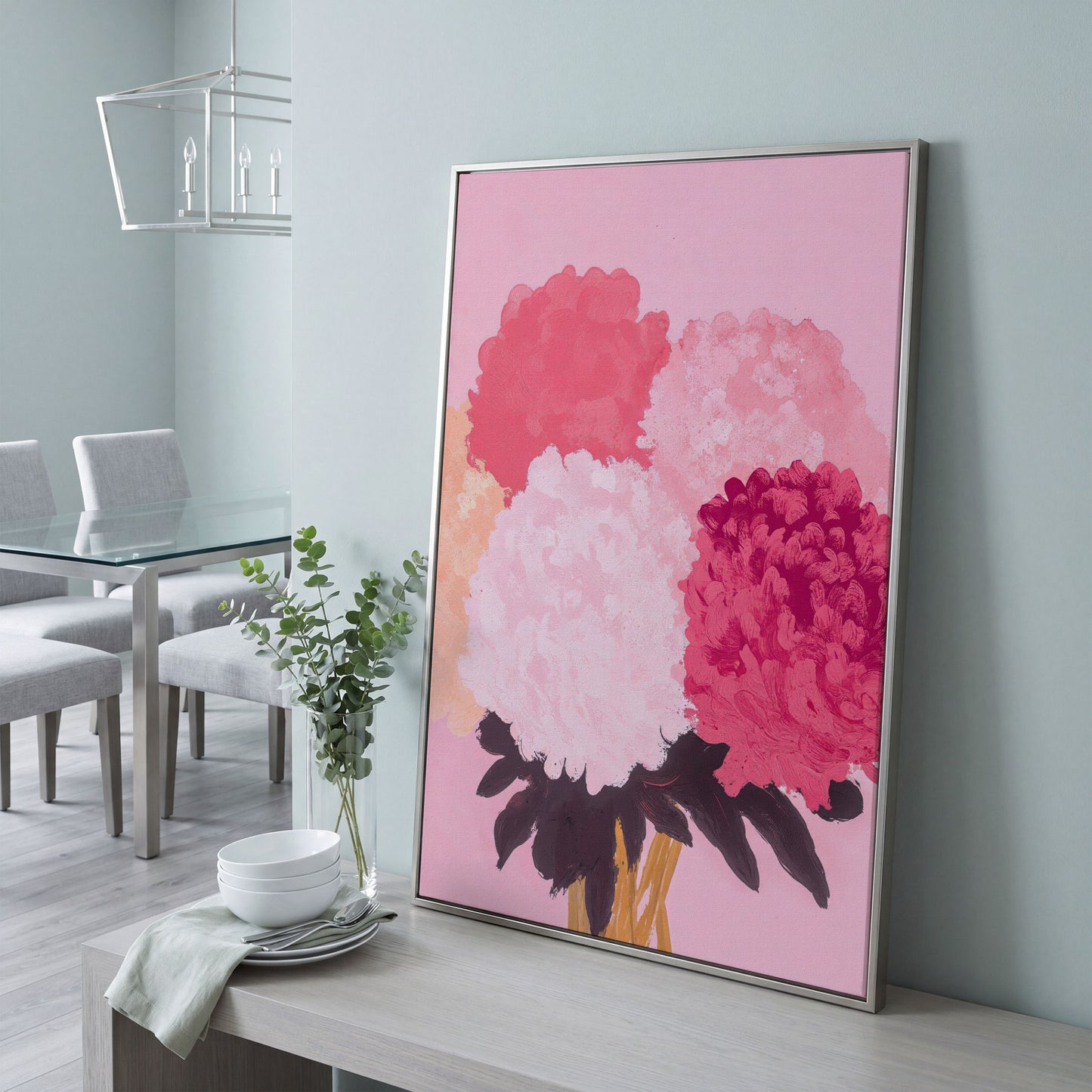 Pink Floral Burst Canvas Wall Art in silver floating frame