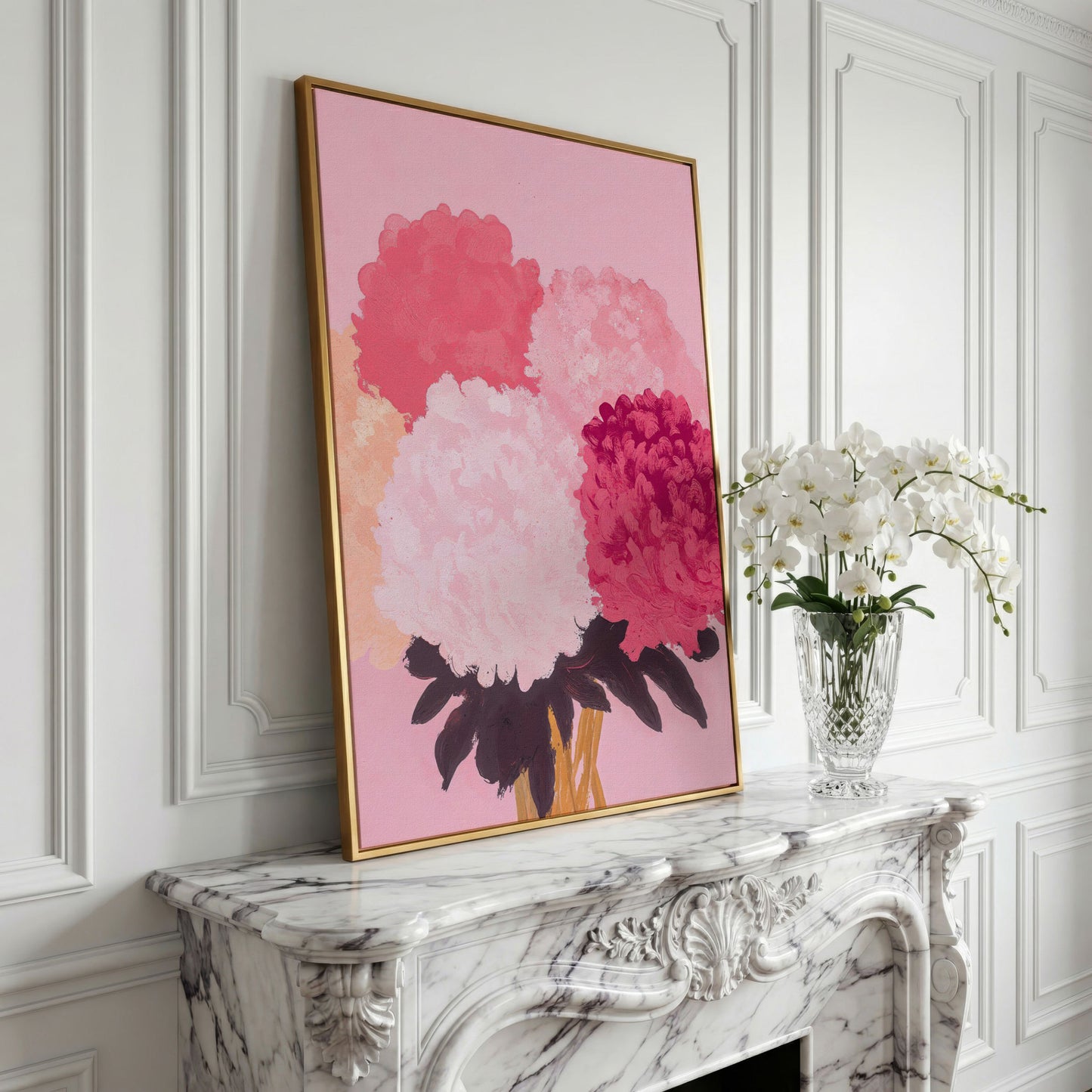 Pink Floral Burst Canvas Wall Art in yellow gold floating frame