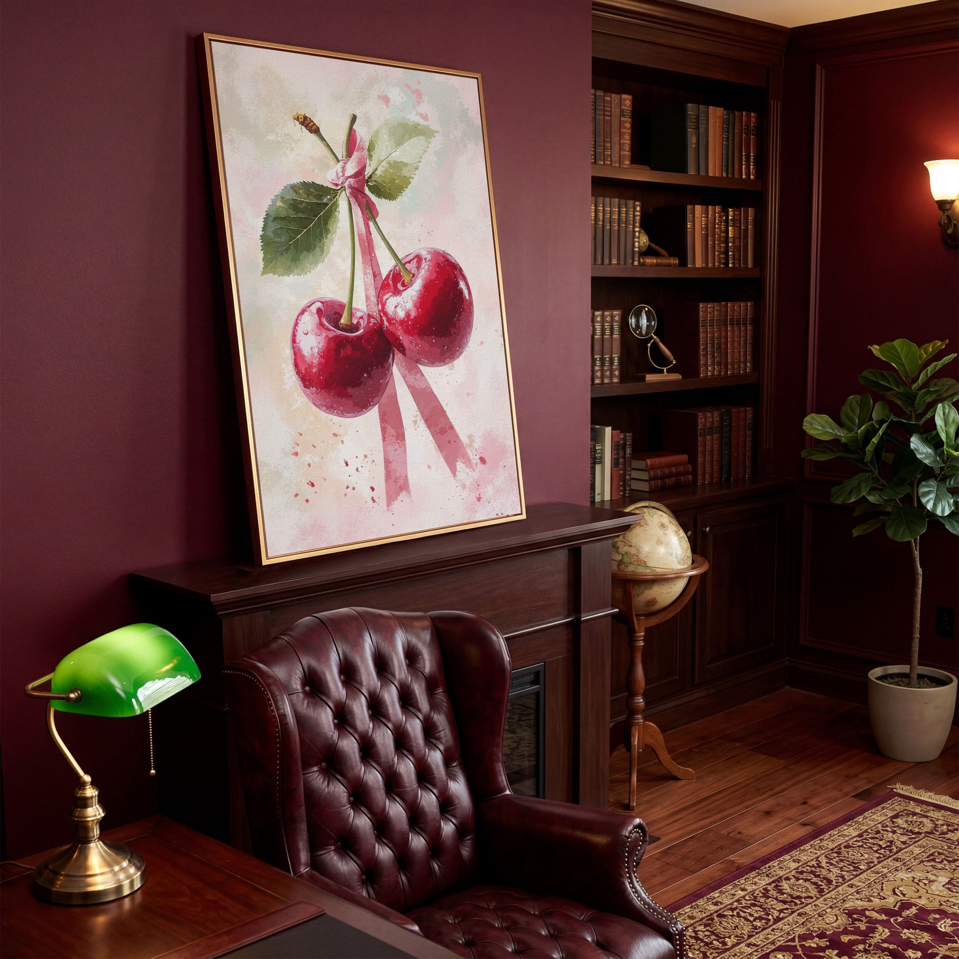 Cherry Still Life with Ribbon Canvas Print in antique gold floating frame