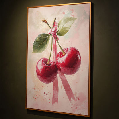 Cherry Still Life with Ribbon Canvas Print shown in antique gold floating frame