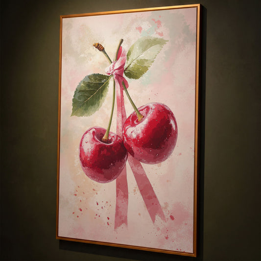 Cherry Still Life with Ribbon Canvas Print shown in antique gold floating frame