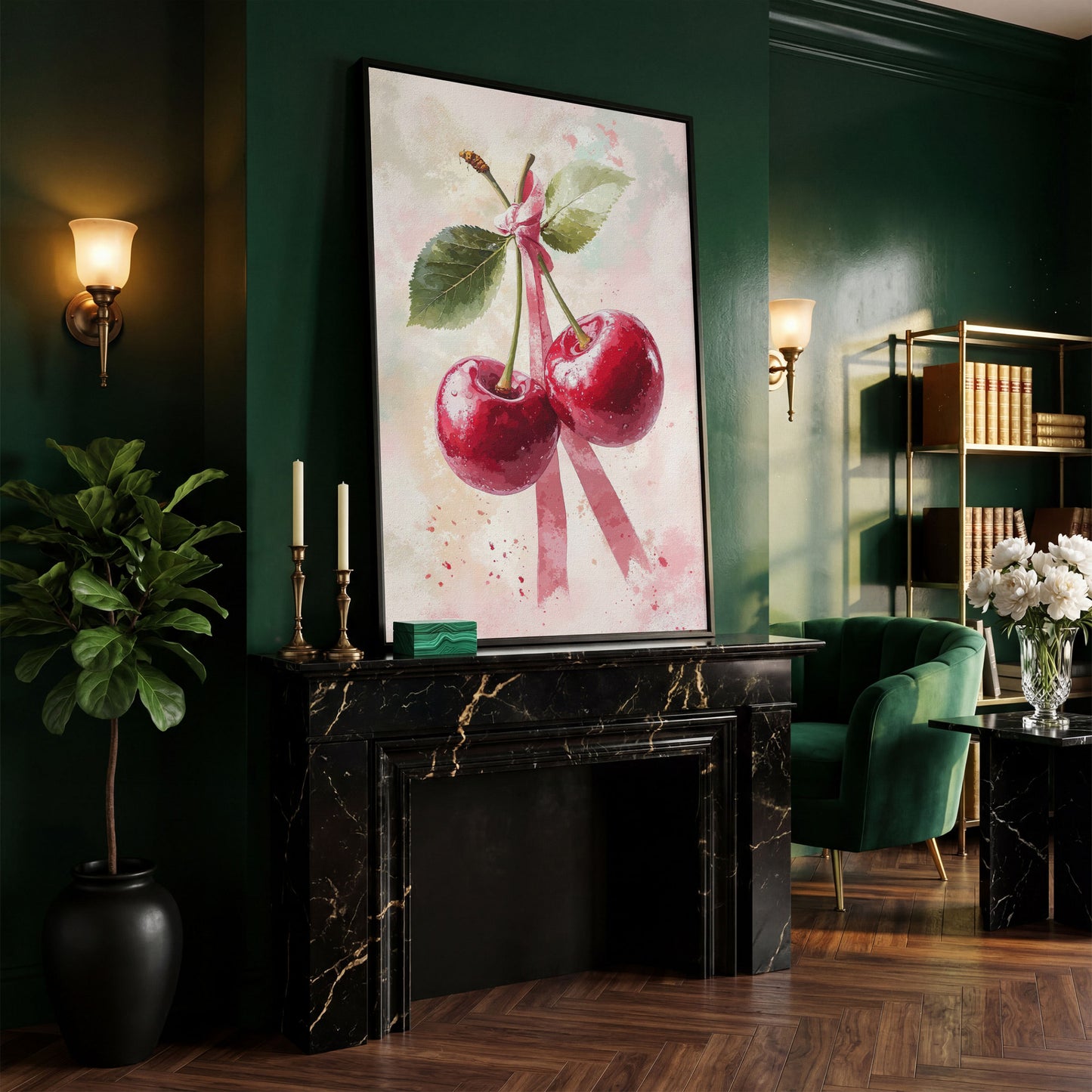 Cherry Still Life with Ribbon Canvas Print in black floating frame