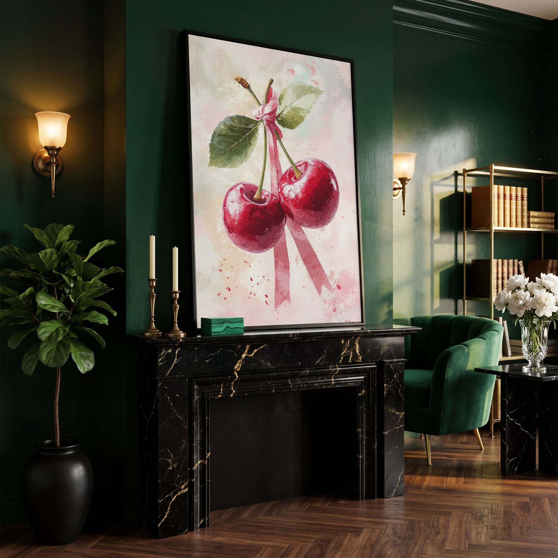 Cherry Still Life with Ribbon Canvas Print in black floating frame