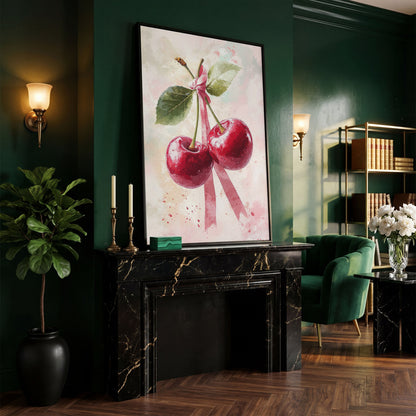 Cherry Still Life with Ribbon Canvas Print in black floating frame
