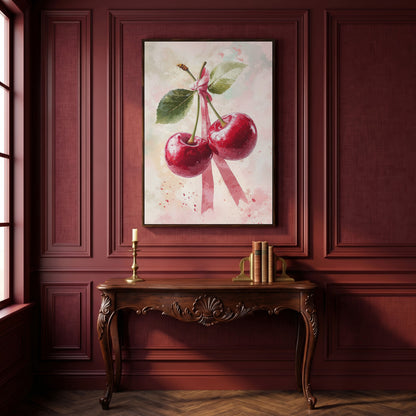 Cherry Still Life with Ribbon Canvas Print in dark walnut floating frame
