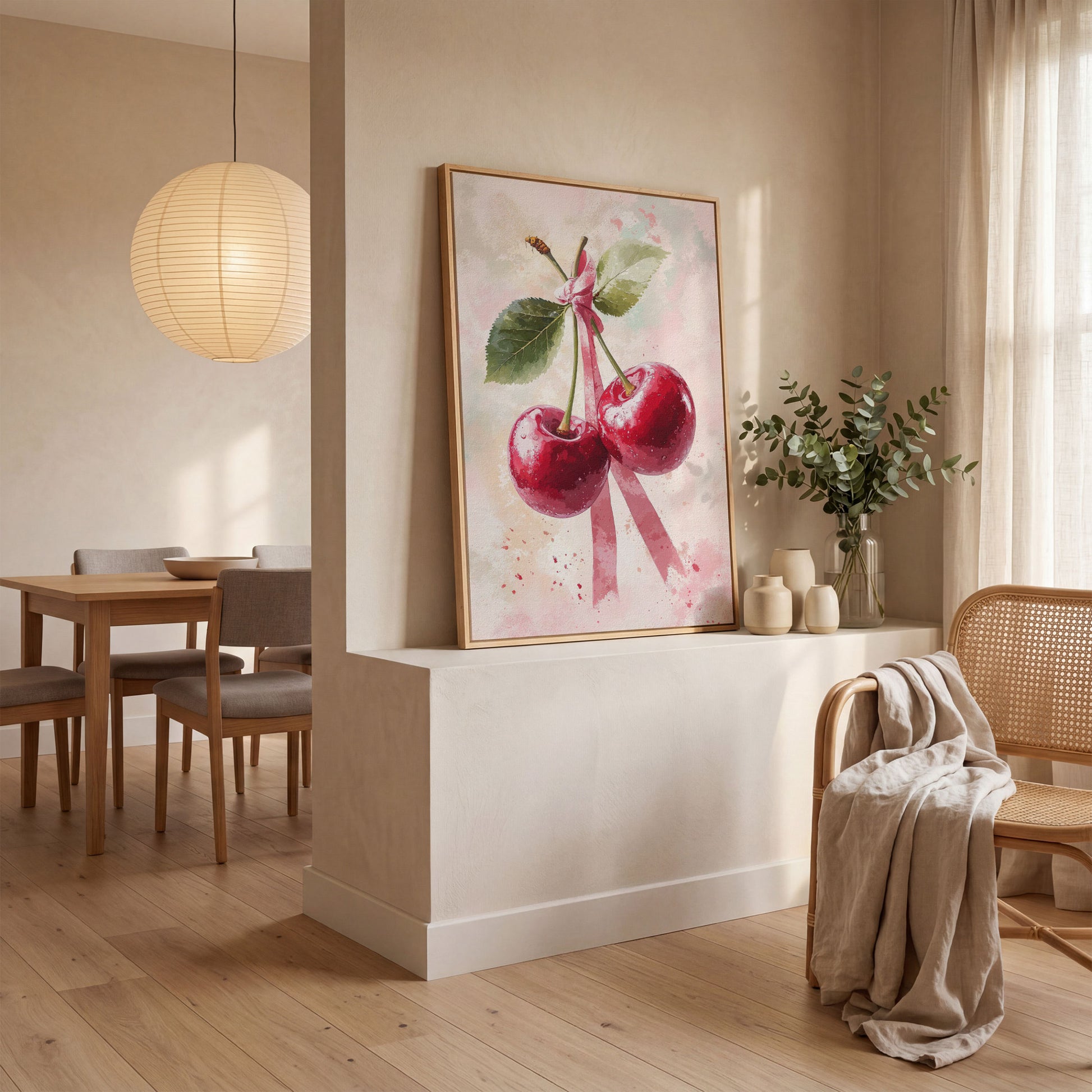 Cherry Still Life with Ribbon Canvas Print in white oak floating frame
