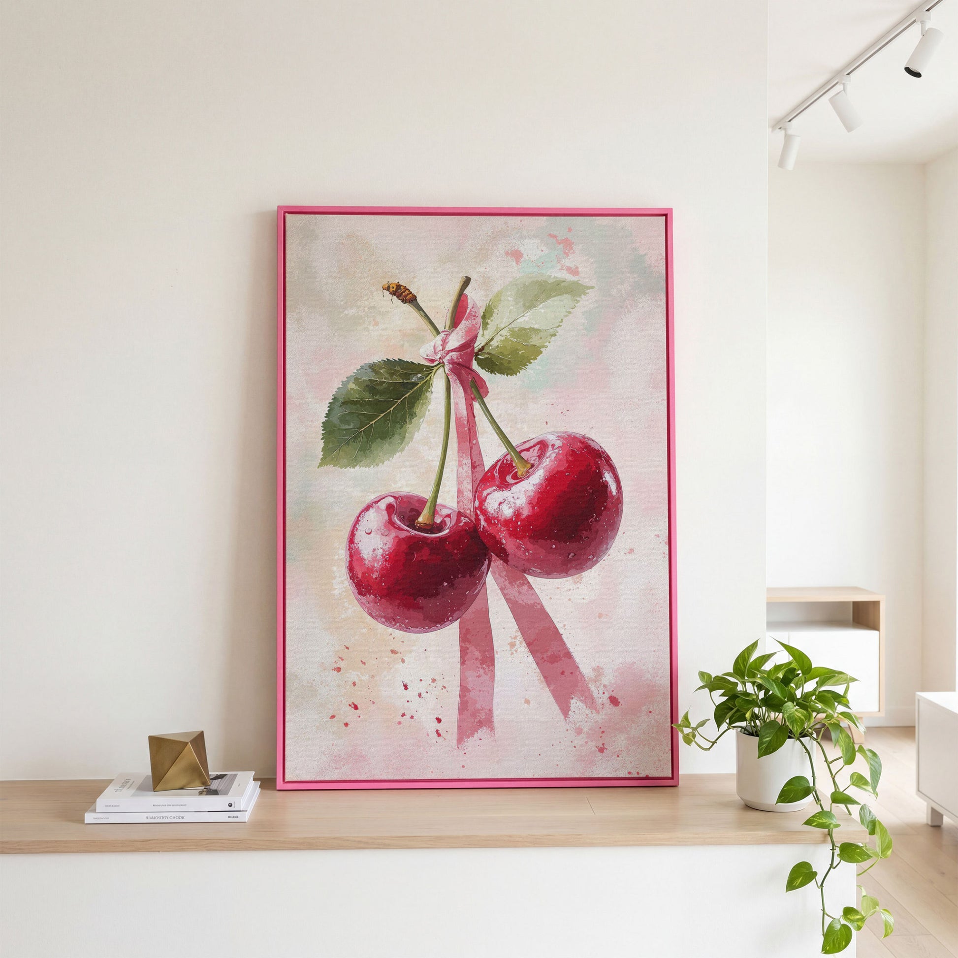 Cherry Still Life with Ribbon Canvas Print in pink floating frame