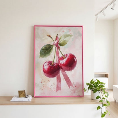 Cherry Still Life with Ribbon Canvas Print in pink floating frame