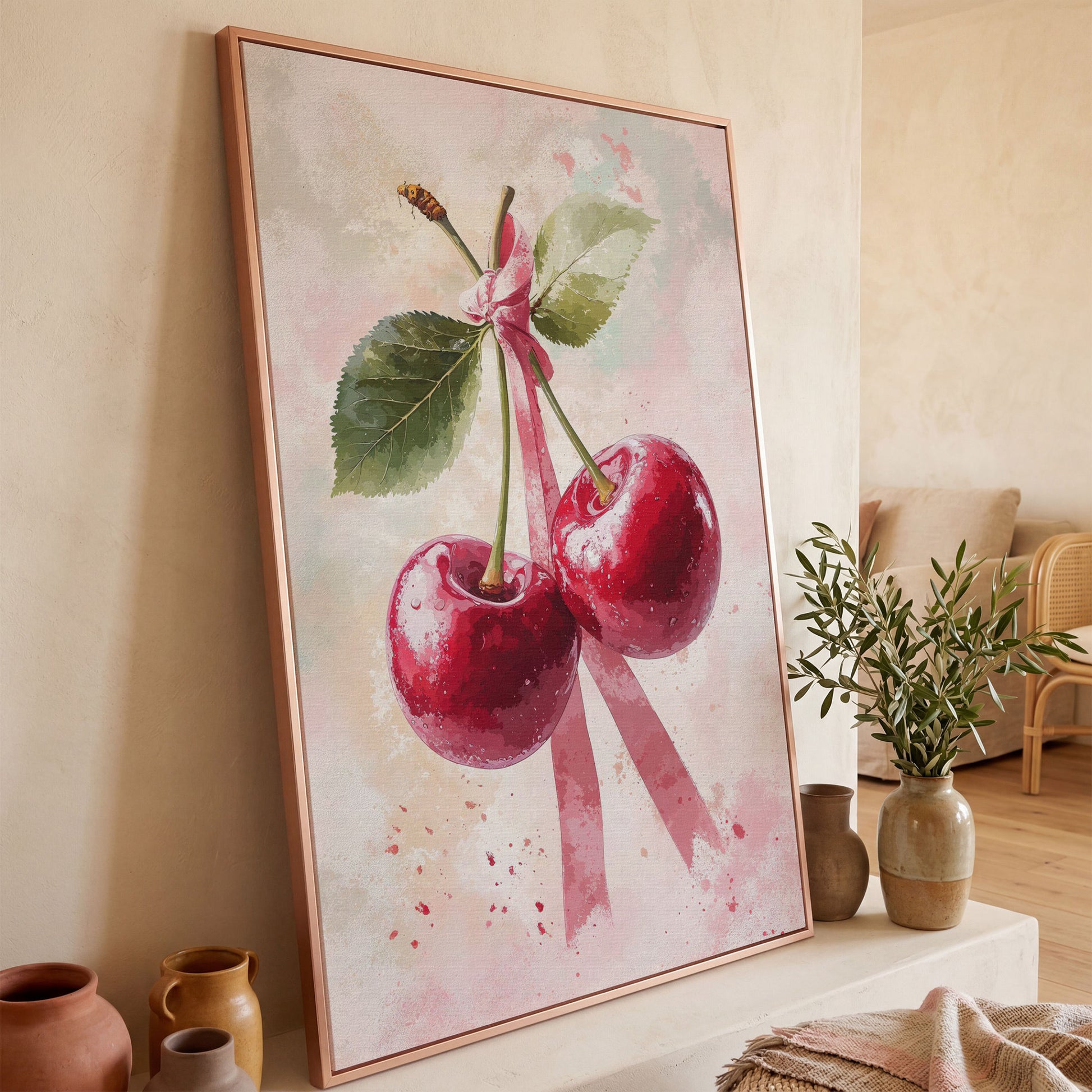Cherry Still Life with Ribbon Canvas Print in rose gold floating frame