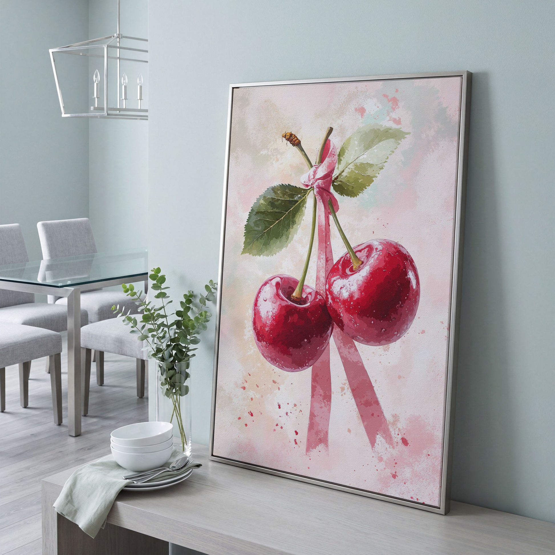 Cherry Still Life with Ribbon Canvas Print in silver floating frame