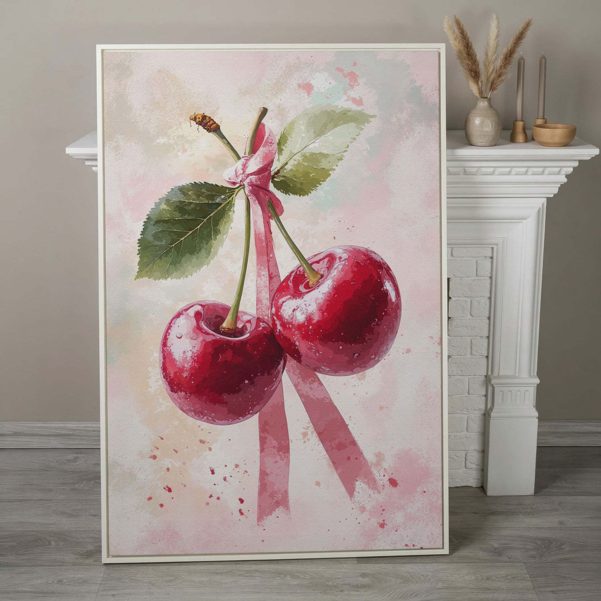 Cherry Still Life with Ribbon Canvas Print in white floating frame