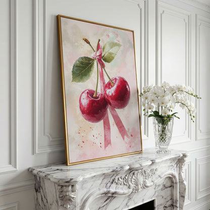 Cherry Still Life with Ribbon Canvas Print in yellow gold floating frame