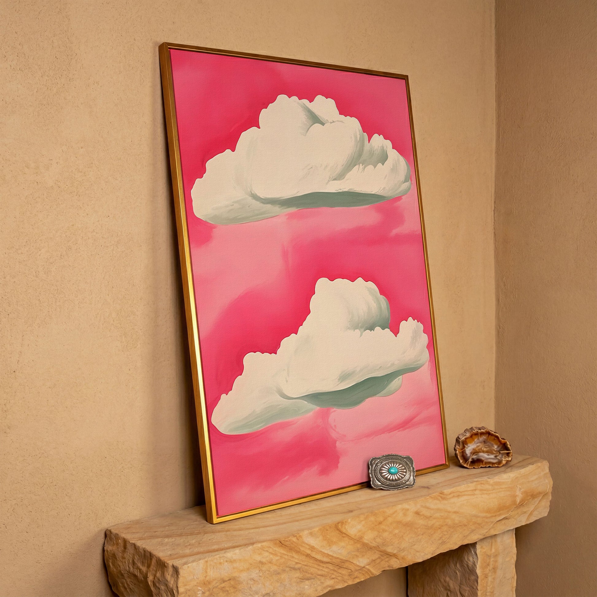 Pastel Pink Sky with Clouds Canvas in antique gold floating frame
