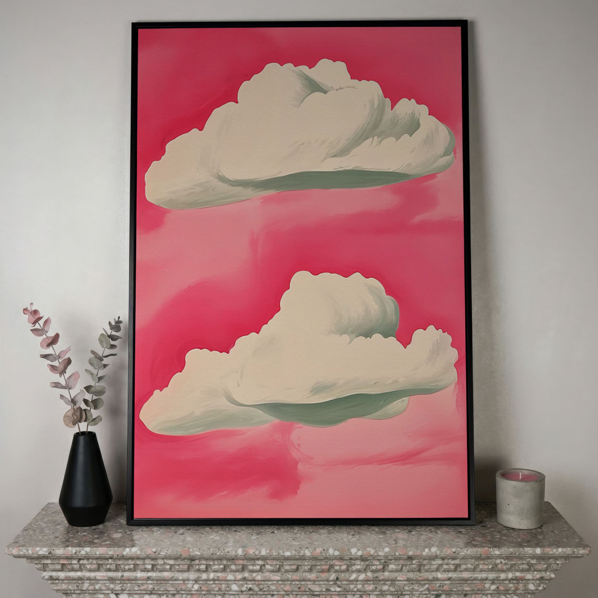 Pastel Pink Sky with Clouds Canvas in black floating frame