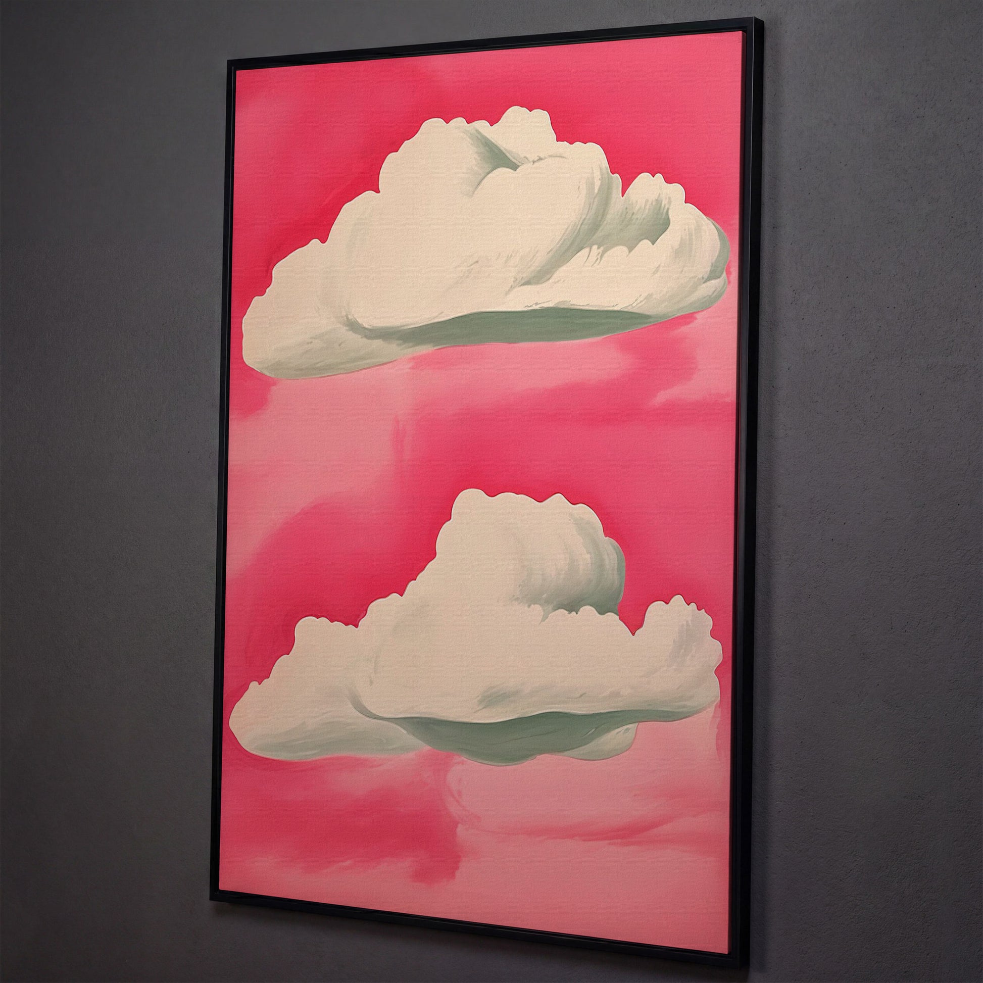 Pastel Pink Sky with Clouds Canvas shown in black floating frame
