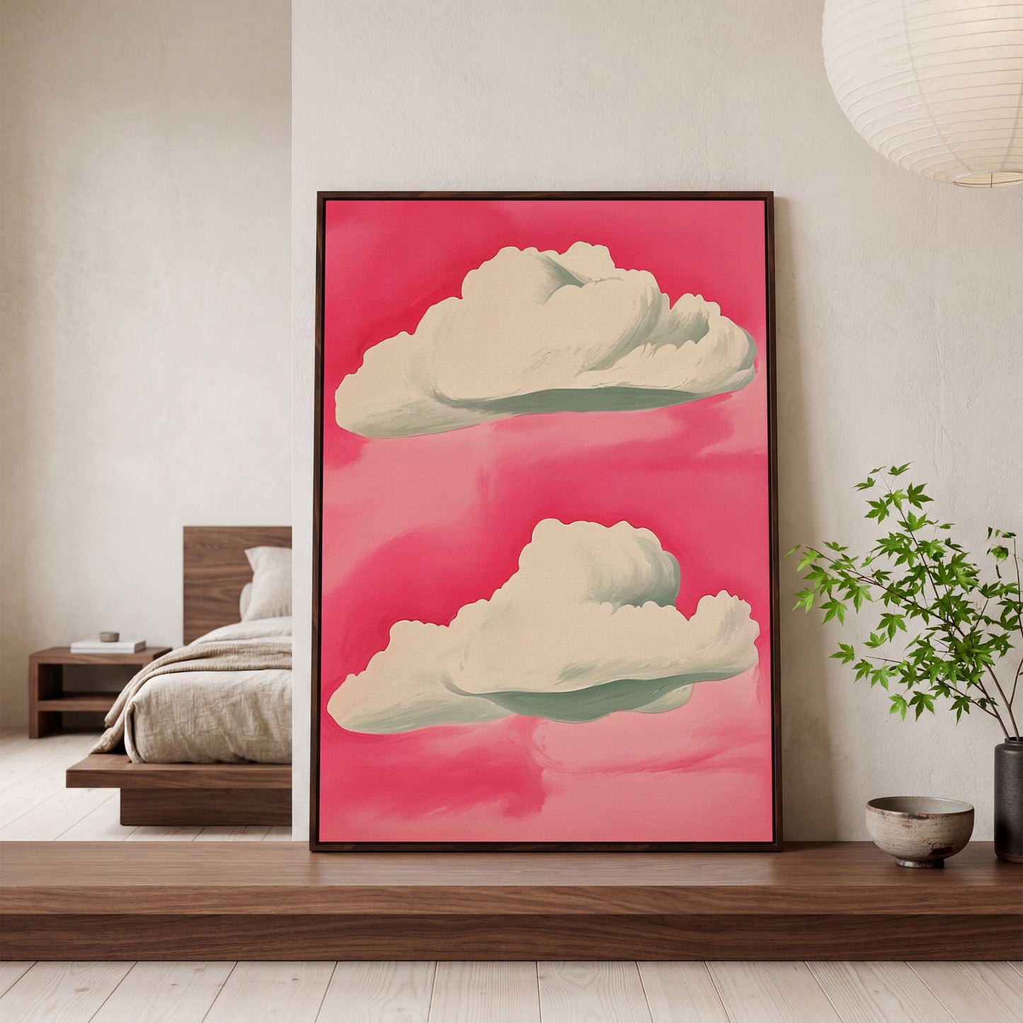 Pastel Pink Sky with Clouds Canvas in dark walnut floating frame