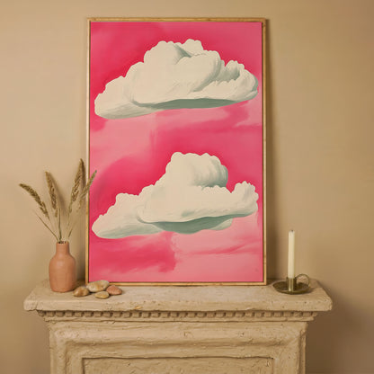 Pastel Pink Sky with Clouds Canvas in white oak floating frame