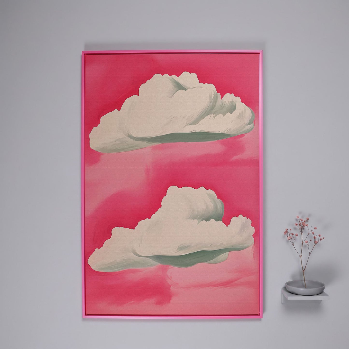 Pastel Pink Sky with Clouds Canvas in pink floating frame