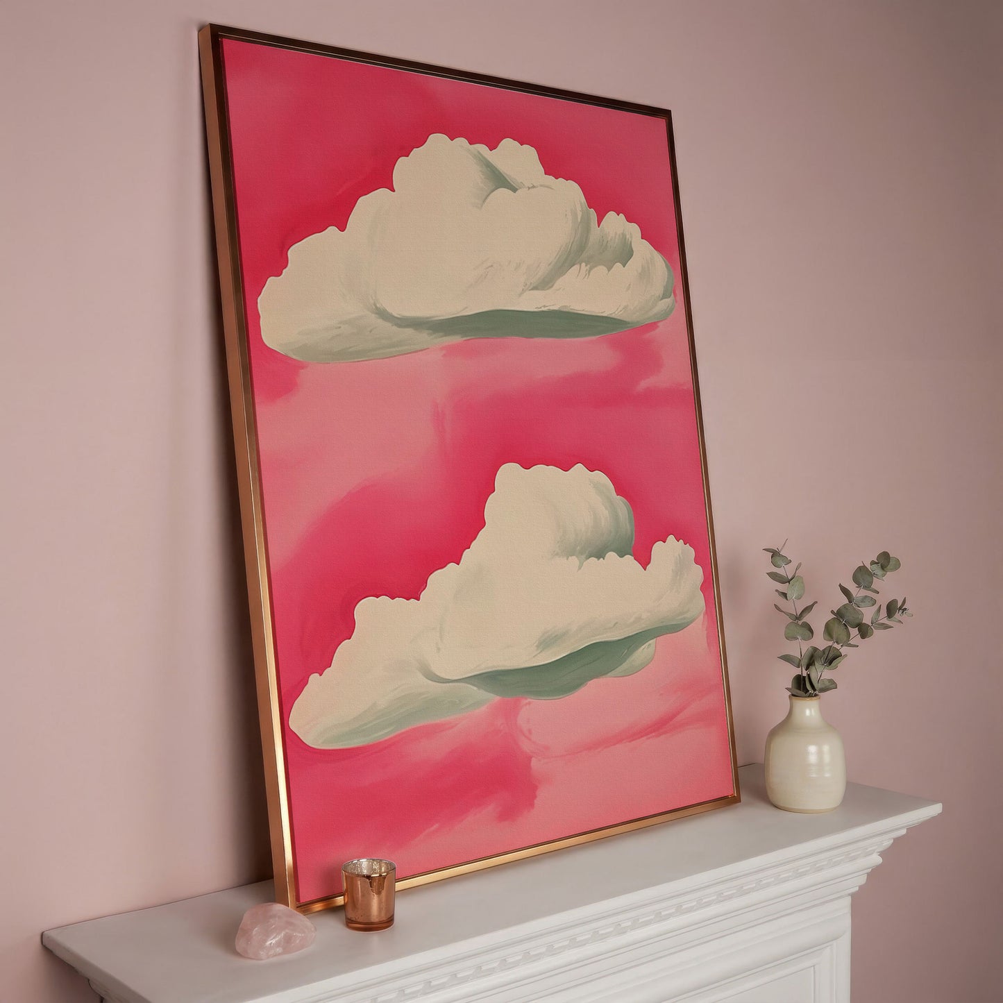 Pastel Pink Sky with Clouds Canvas in rose gold floating frame