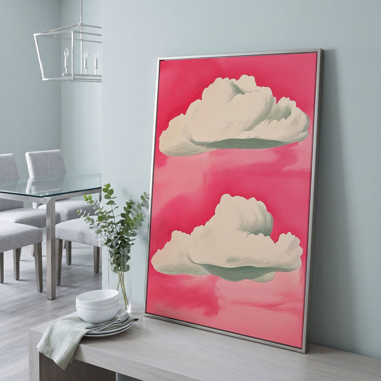 Pastel Pink Sky with Clouds Canvas in silver floating frame