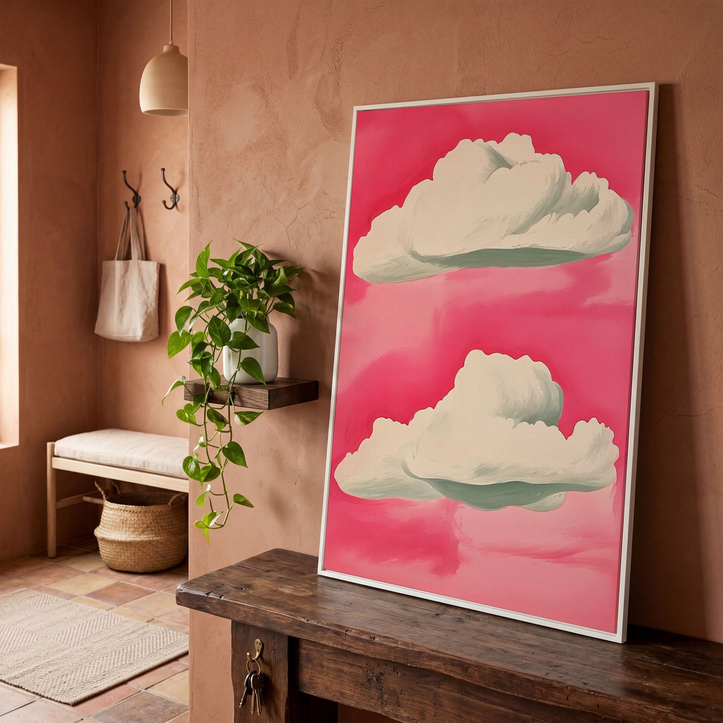 Pastel Pink Sky with Clouds Canvas in white floating frame