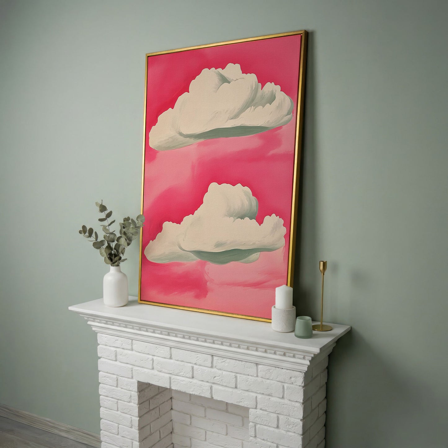Pastel Pink Sky with Clouds Canvas in yellow gold floating frame