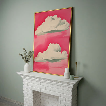 Pastel Pink Sky with Clouds Canvas in yellow gold floating frame