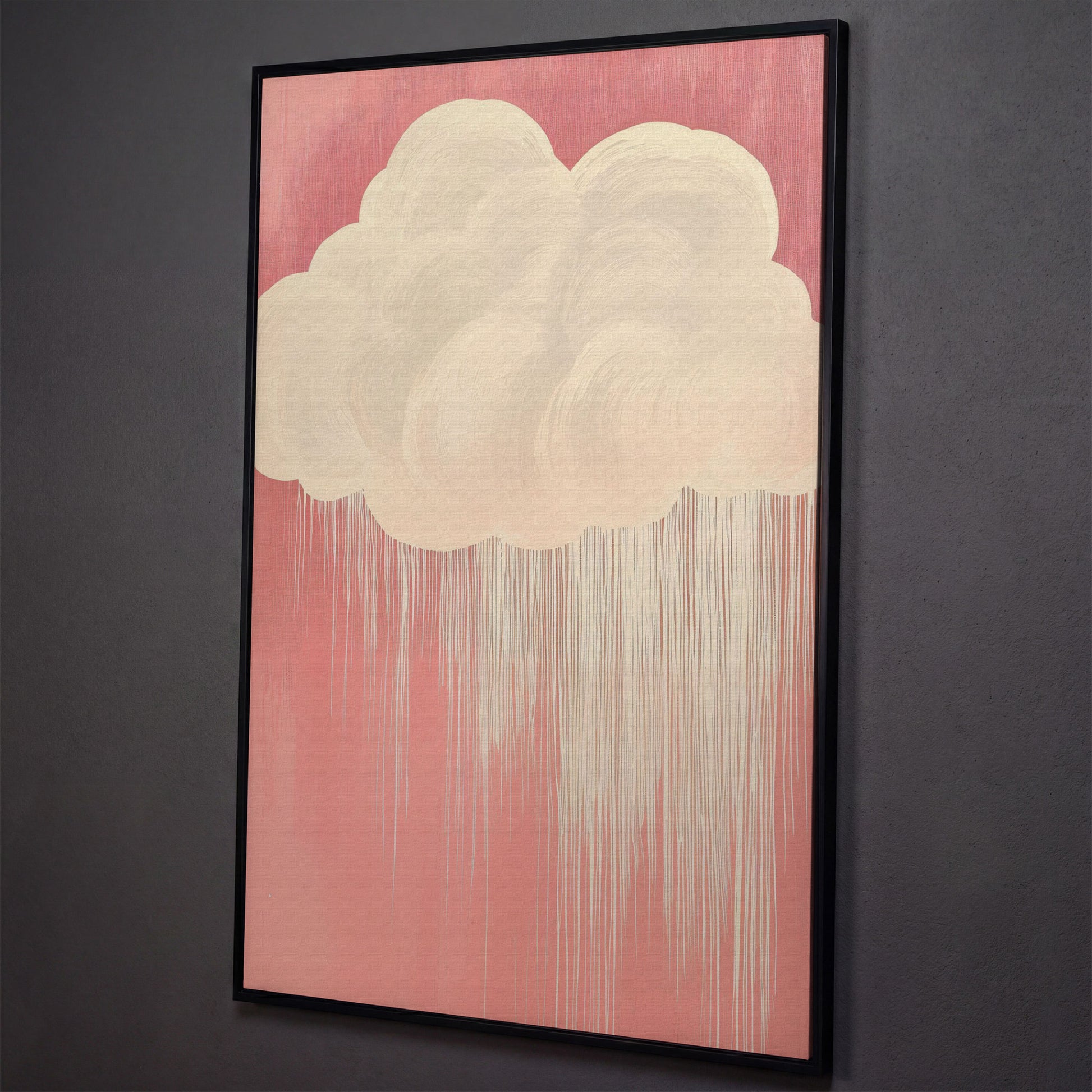 Pink Cloud Canvas Print for Nursery Walls shown in black floating frame
