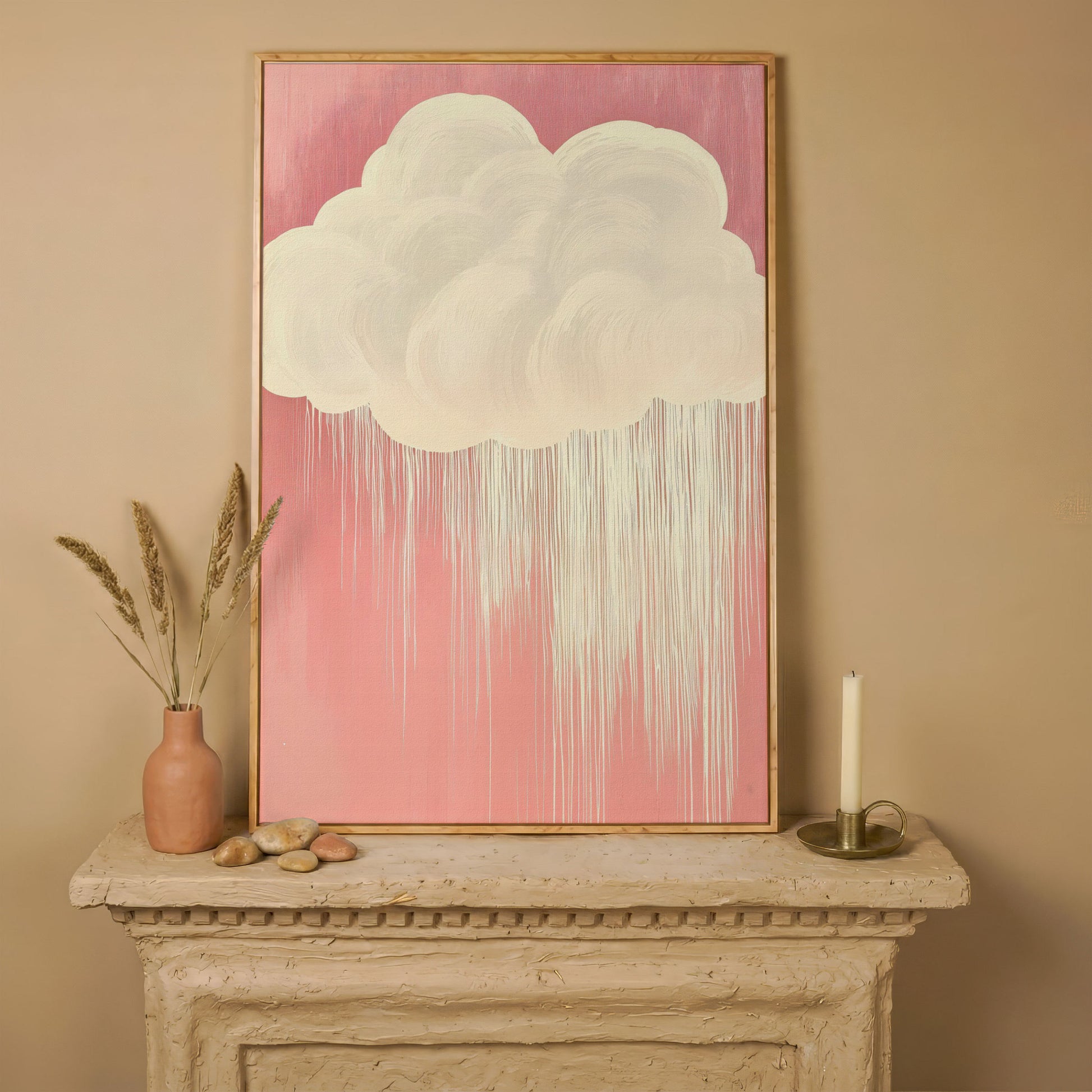 Pink Cloud Canvas Print for Nursery Walls in white oak floating frame