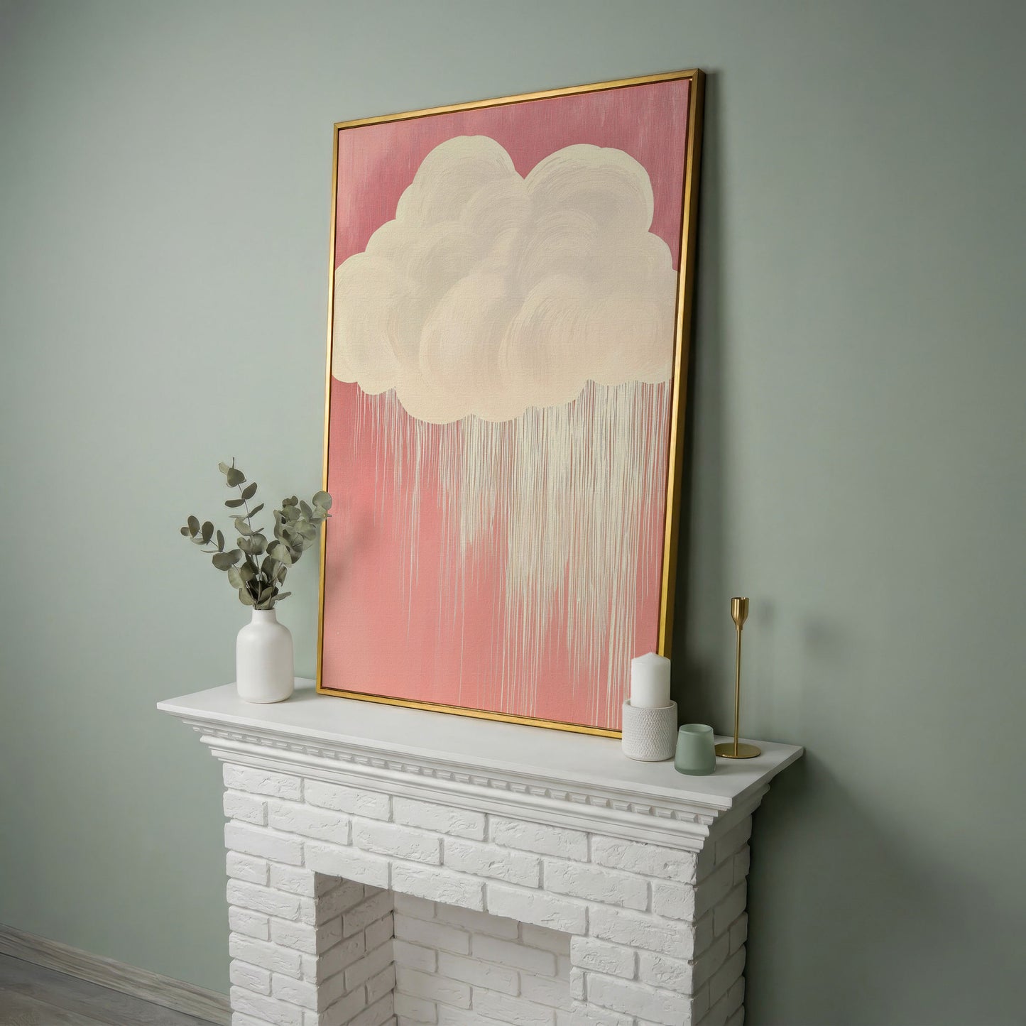 Pink Cloud Canvas Print for Nursery Walls in yellow gold floating frame
