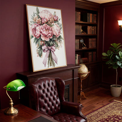 Vintage Peony Bouquet Canvas in antique gold floating frame