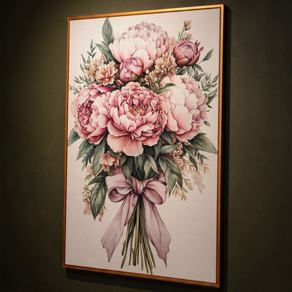 Vintage Peony Bouquet Canvas shown in antique gold floating frame