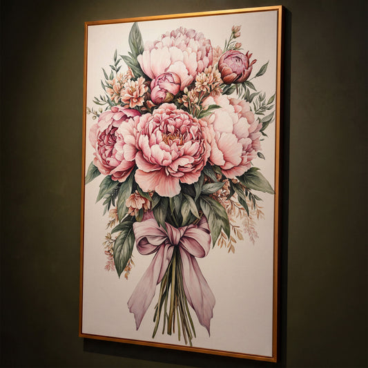 Vintage Peony Bouquet Canvas shown in antique gold floating frame