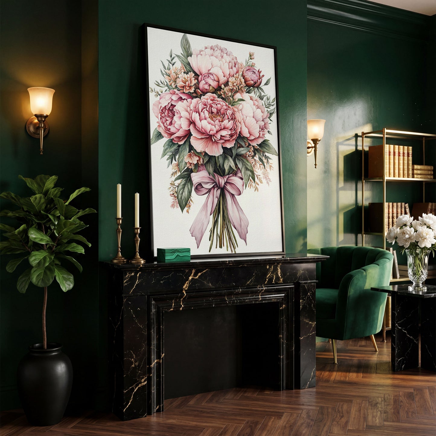 Vintage Peony Bouquet Canvas in black floating frame