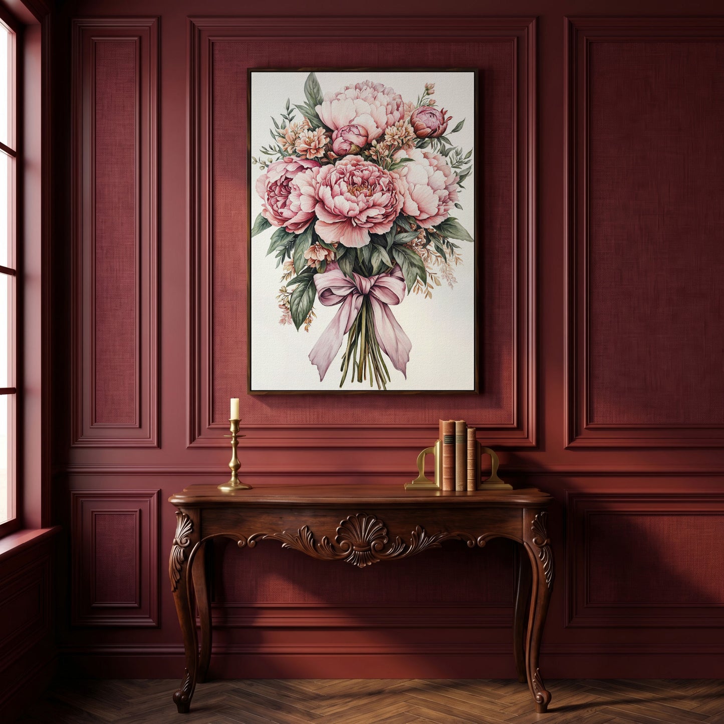 Vintage Peony Bouquet Canvas in dark walnut floating frame