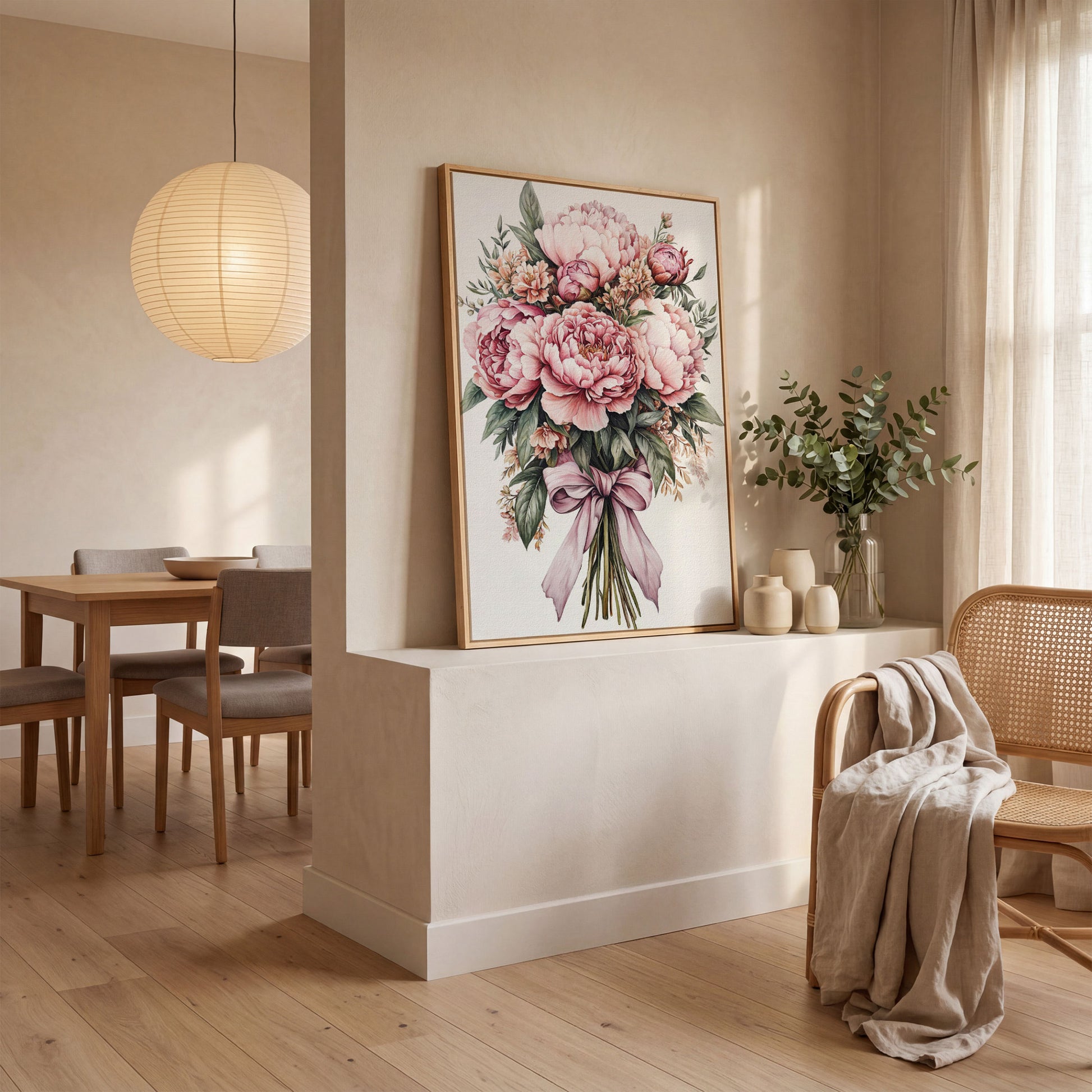 Vintage Peony Bouquet Canvas in white oak floating frame