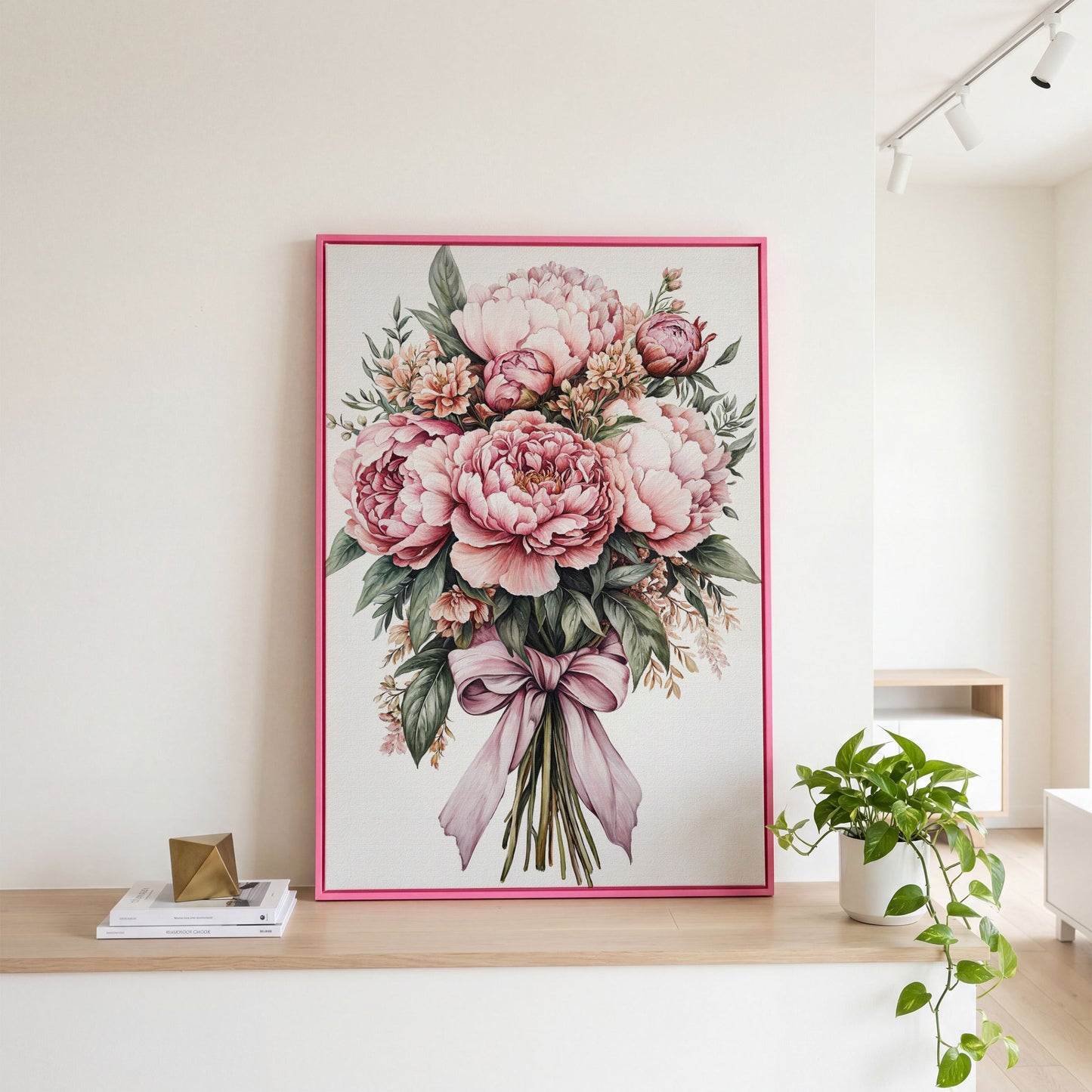 Vintage Peony Bouquet Canvas in pink floating frame