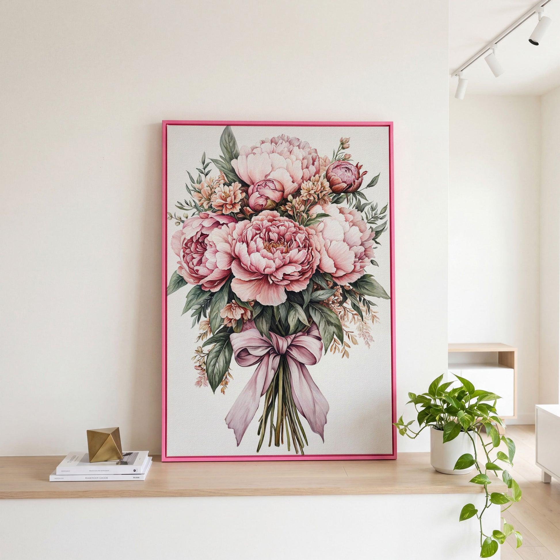 Vintage Peony Bouquet Canvas in pink floating frame