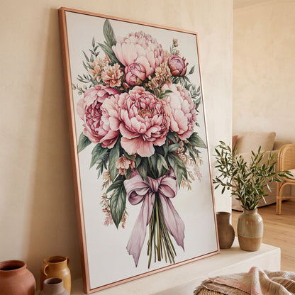 Vintage Peony Bouquet Canvas in rose gold floating frame