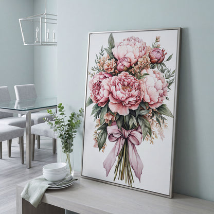 Vintage Peony Bouquet Canvas in silver floating frame