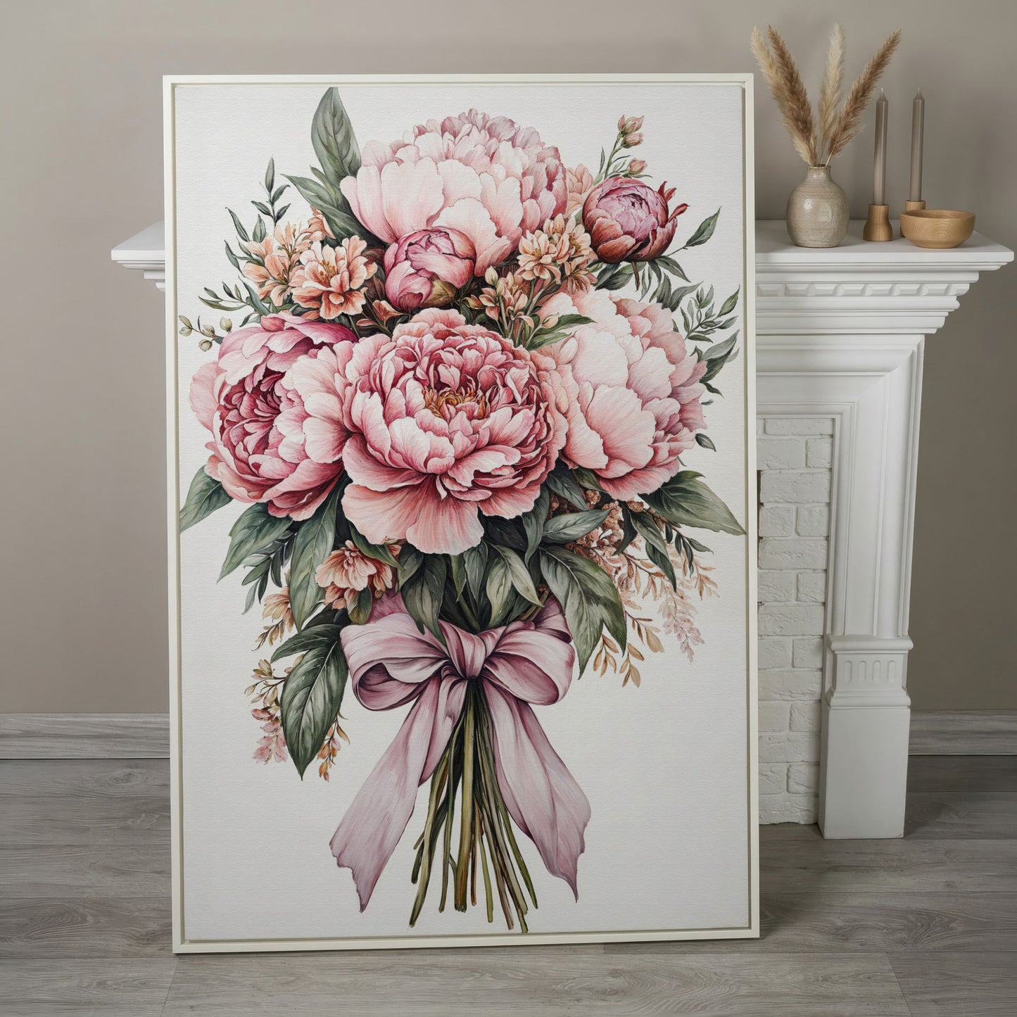Vintage Peony Bouquet Canvas in white floating frame